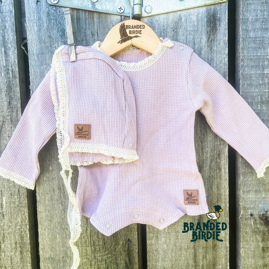 Custom Leather Branded Girls Newborn Outfit Vintage Crochet Lace Trim Bonnet and Romper