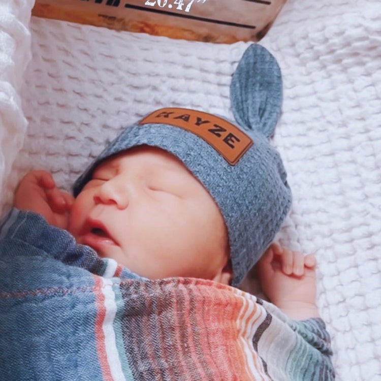 Newborn Knotted Hat With Personalized Leather Patch - Design It Yourself! - Denim Pine