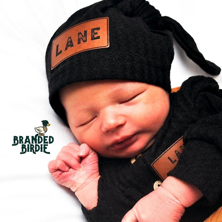 Newborn Knotted Hat With Personalized Leather Patch - Design It Yourself! - Black