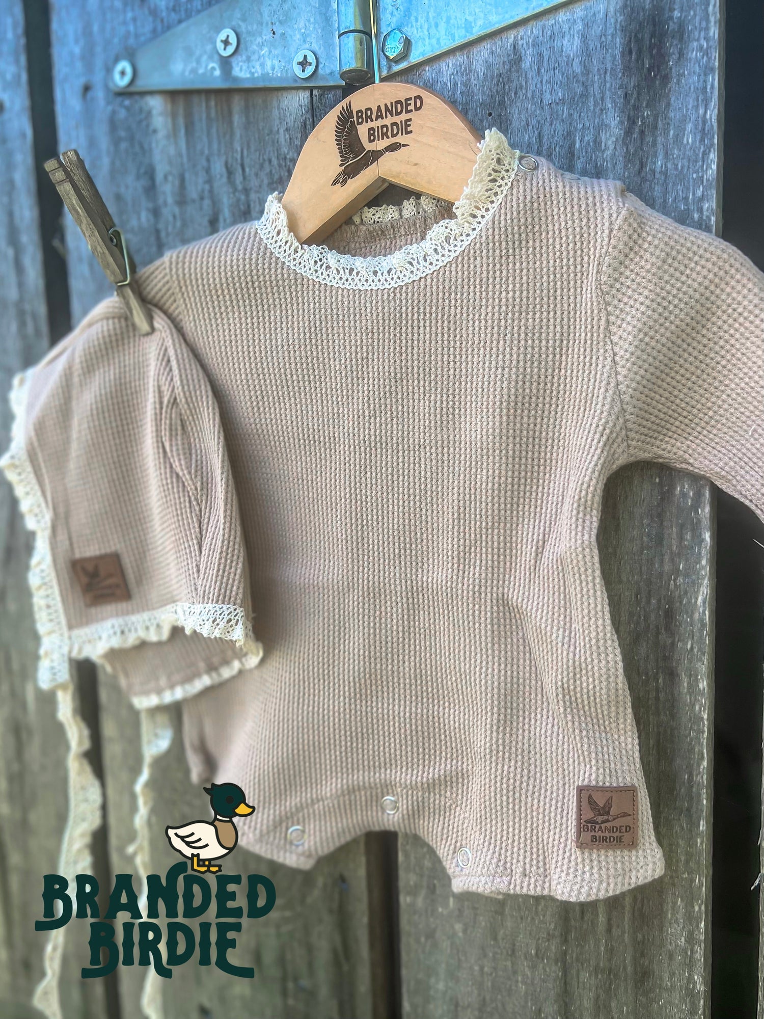 Custom Leather Branded Girls Newborn Outfit Vintage Crochet Lace Trim Bonnet and Romper