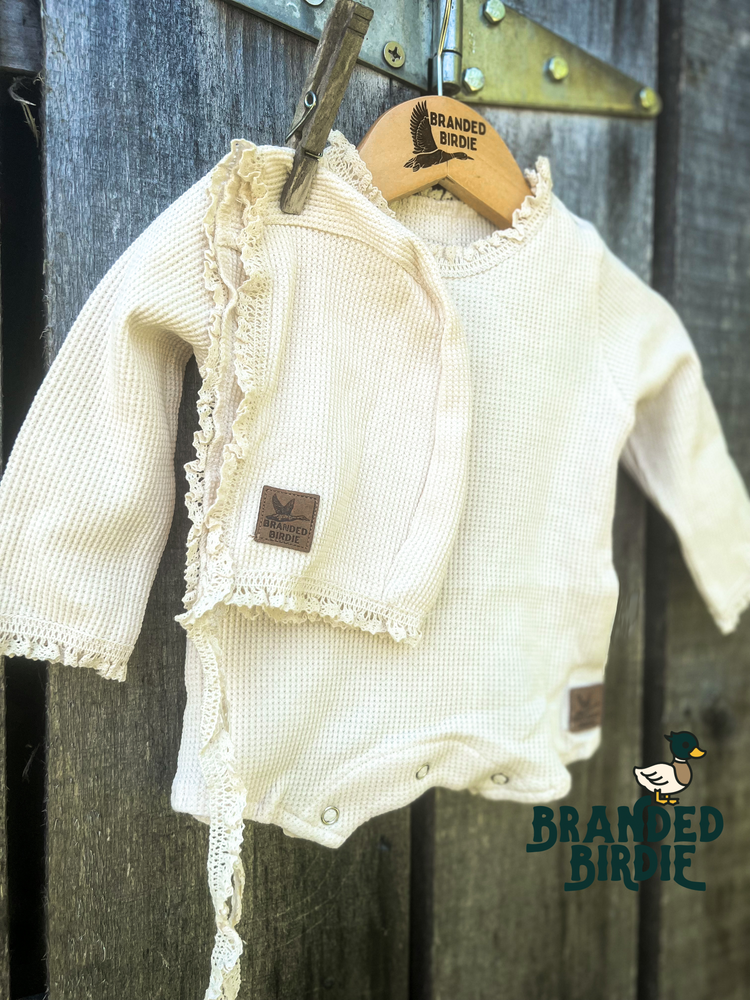 Custom Leather Branded Girls Newborn Outfit Vintage Crochet Lace Trim Bonnet and Romper