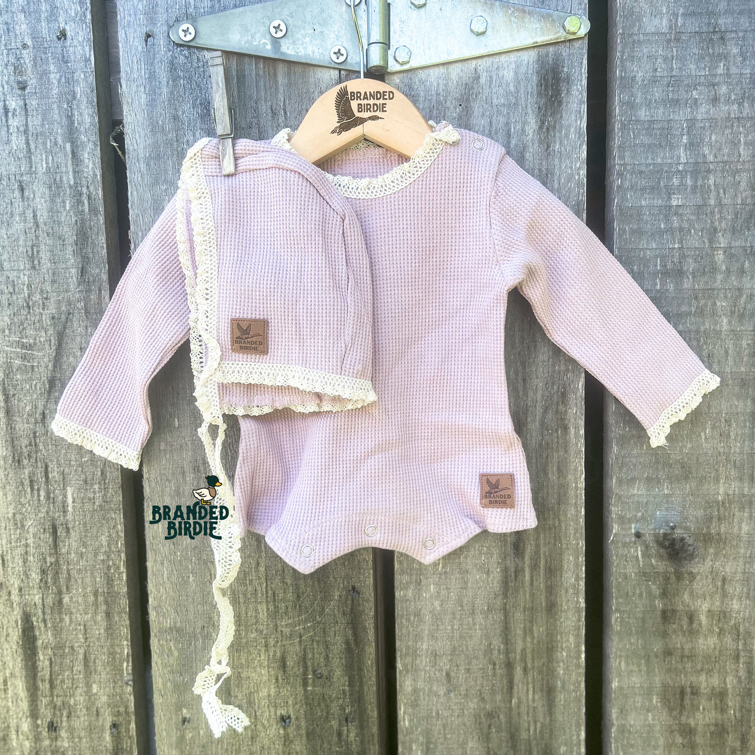 Custom Leather Branded Girls Newborn Outfit Vintage Crochet Lace Trim Bonnet and Romper