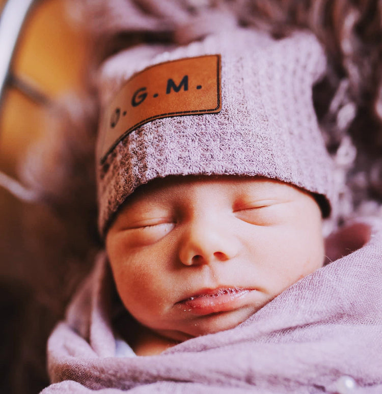 Newborn Knotted Hat With Personalized Leather Patch - Design It Yourself! - Rosewood Pink