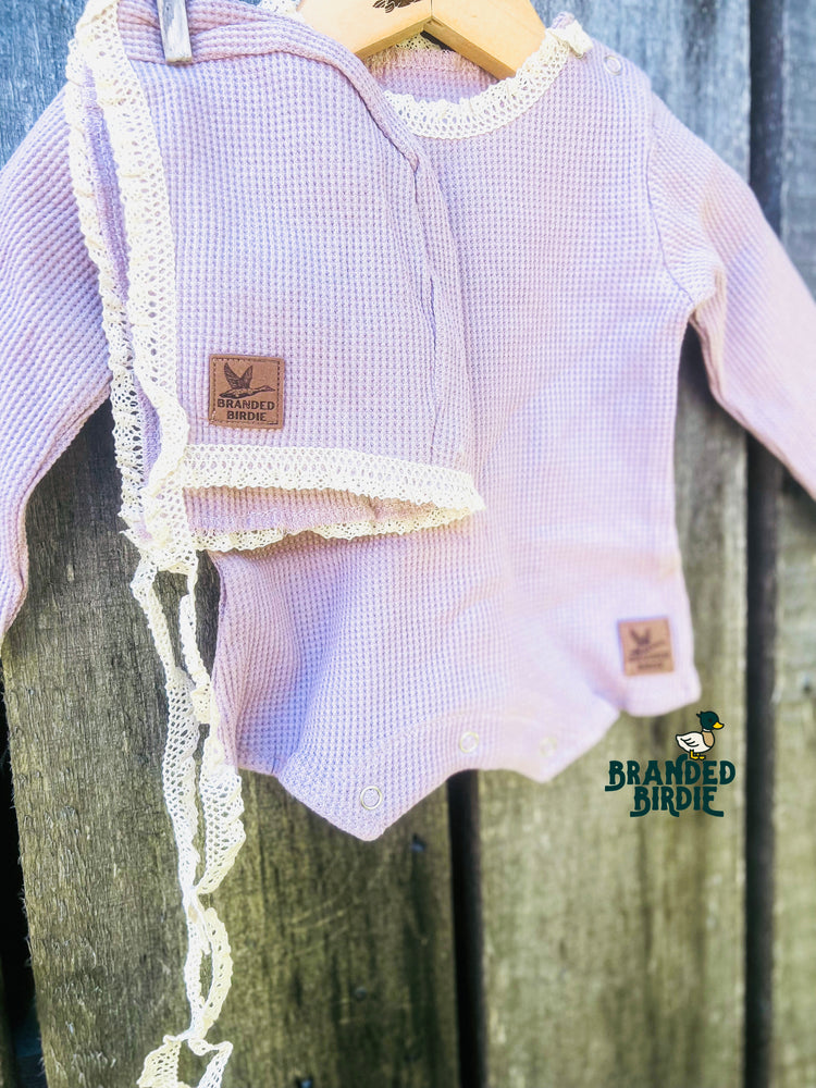 Custom Leather Branded Girls Newborn Outfit Vintage Crochet Lace Trim Bonnet and Romper