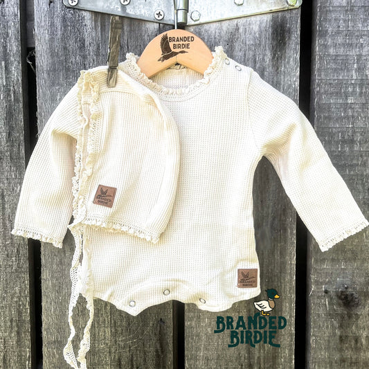 Custom Leather Branded Girls Newborn Outfit Vintage Crochet Lace Trim Bonnet and Romper