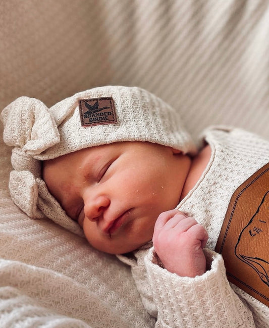 Waffle Knit Cotton Baby Bow Headband With Leather Patch - Oatmeal Cream