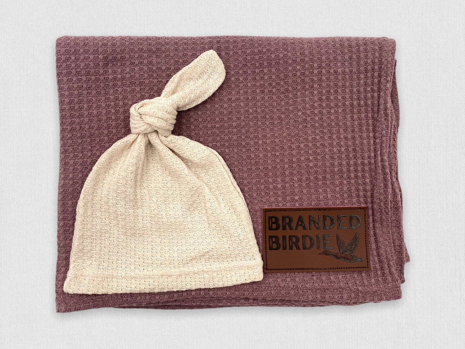 Waffle Knit Cotton Baby Swaddle Blanket with Leather Patch - Rosewood Pink - Branded Birdie