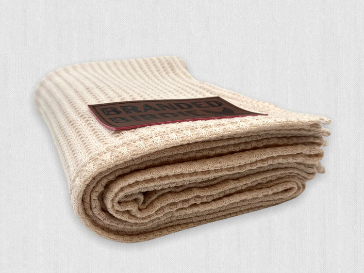 Waffle Knit Cotton Baby Swaddle Blanket with Leather Patch - Oatmeal Cream - Branded Birdie