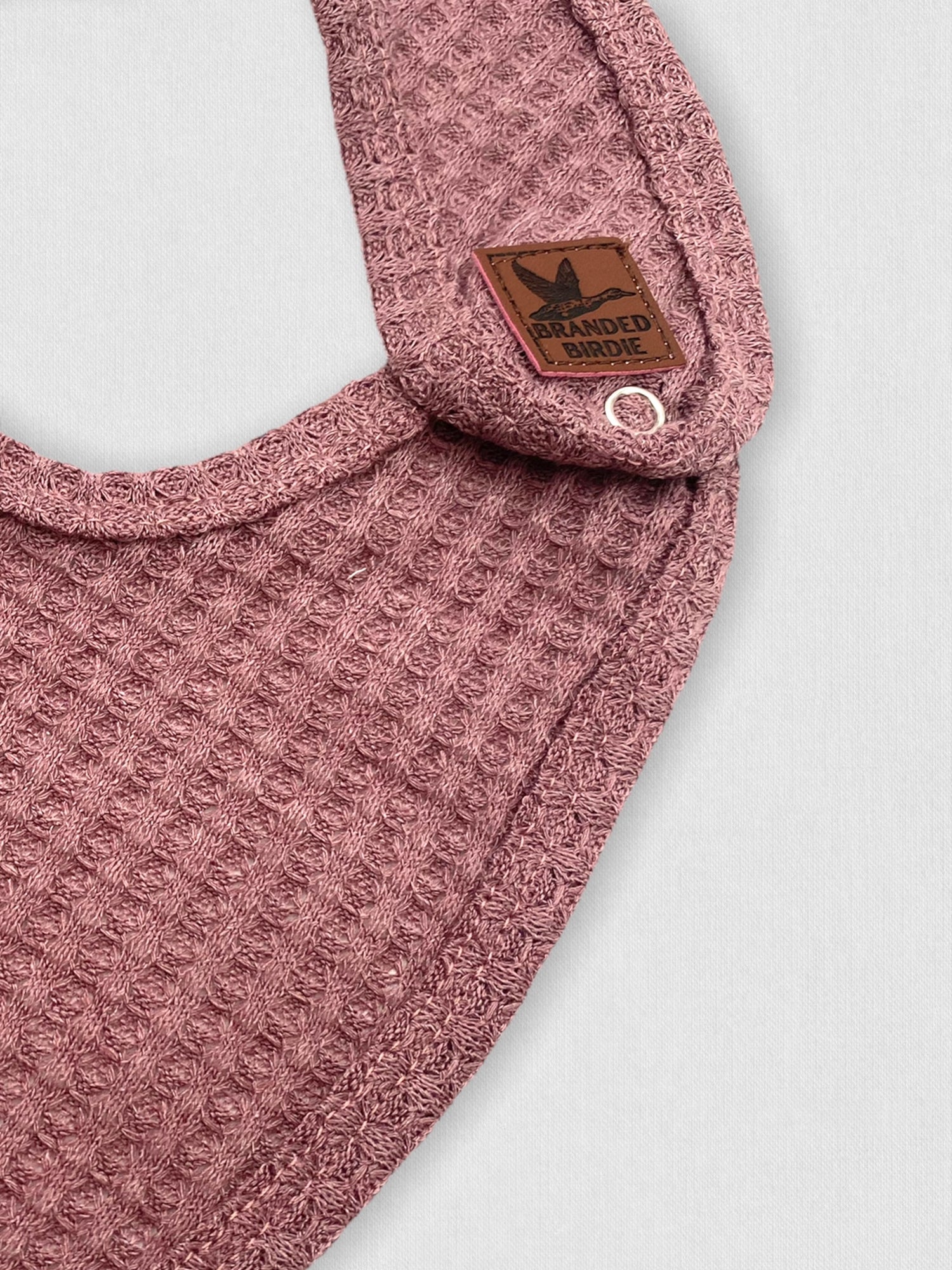 Waffle Knit Baby Bib with Leather Patch - Rosewood Pink - Branded Birdie