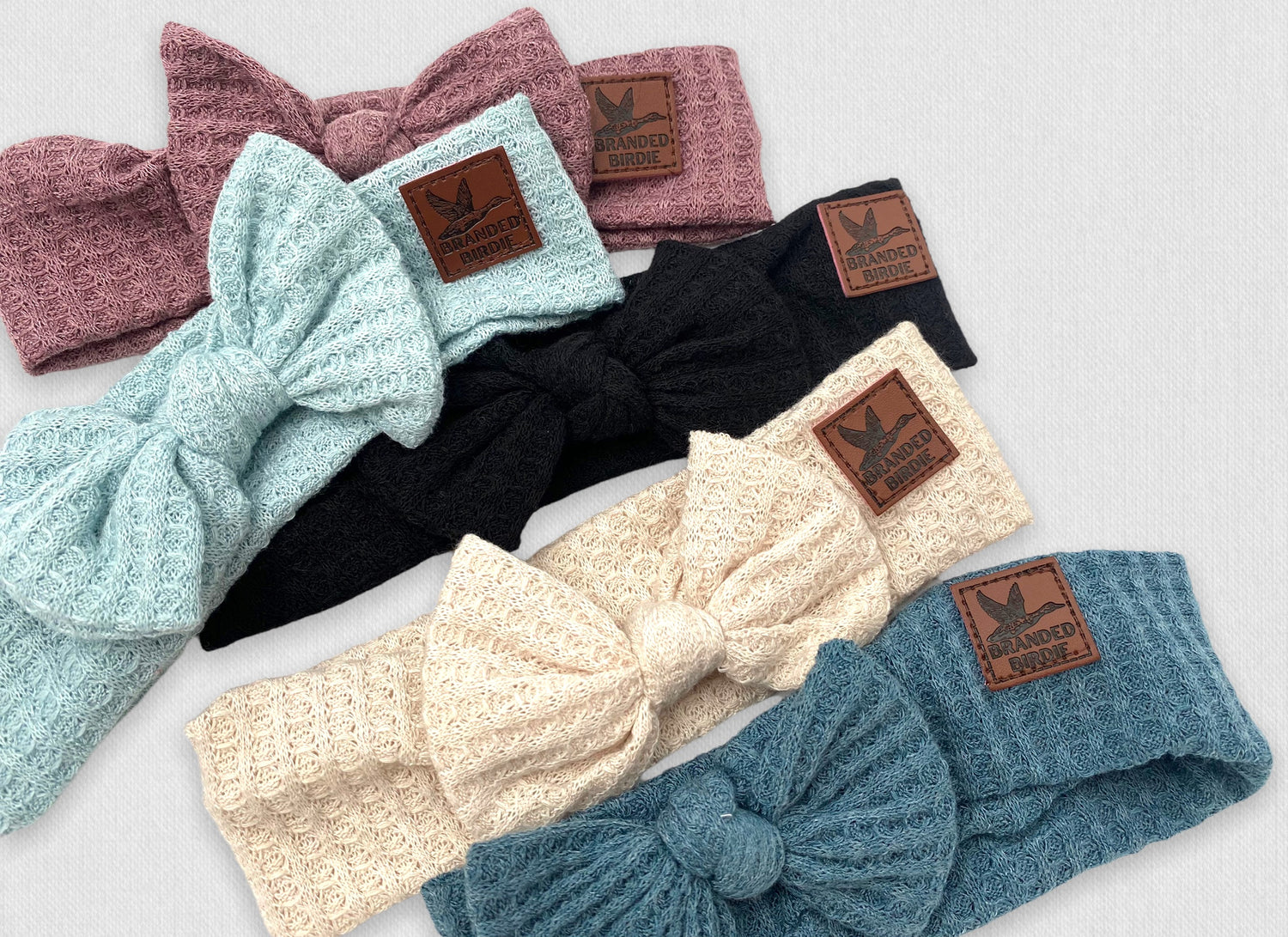 Waffle Knit Cotton Baby Bow Headband With Leather Patch - Denim Pine - Branded Birdie