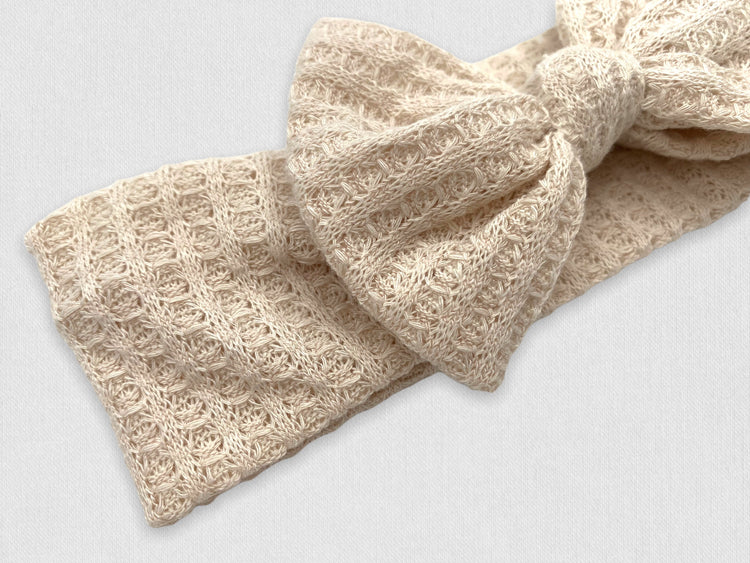 Waffle Knit Cotton Baby Bow Headband With Leather Patch - Oatmeal Cream - Branded Birdie