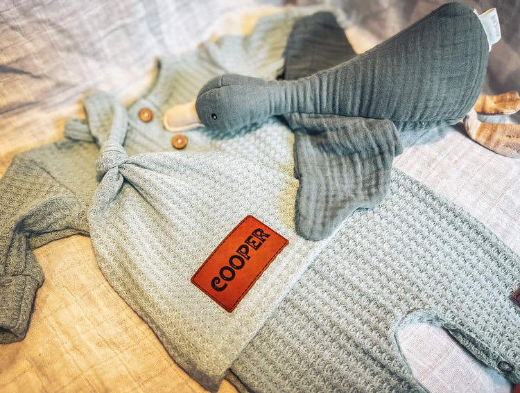 Newborn Knotted Hat With Personalized Leather Patch - Design It Yourself! - Powder Blue