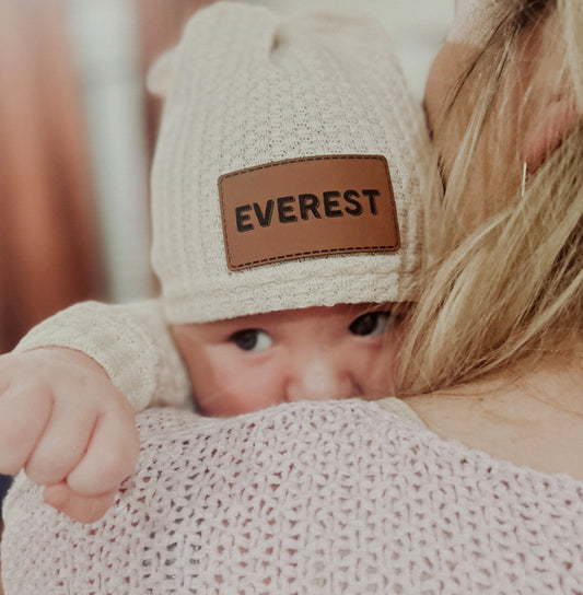 Newborn Knotted Hat With Personalized Leather Patch - Design It Yourself! - Oatmeal Cream
