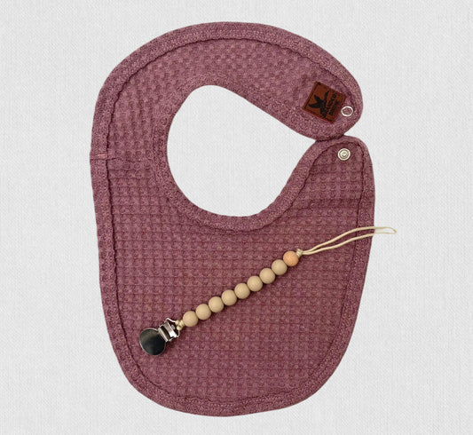 Waffle Knit Baby Bib with Leather Patch - Rosewood Pink - Branded Birdie