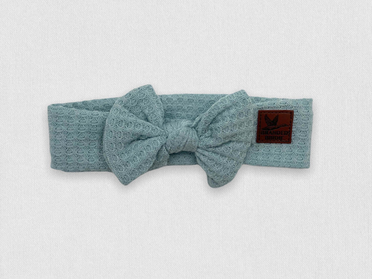 Waffle Knit Cotton Baby Bow Headband With Leather Patch - Powder Blue - Branded Birdie