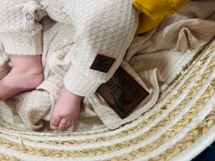 Waffle Knit Cotton Baby Swaddle Blanket with Leather Patch - Oatmeal Cream - Branded Birdie