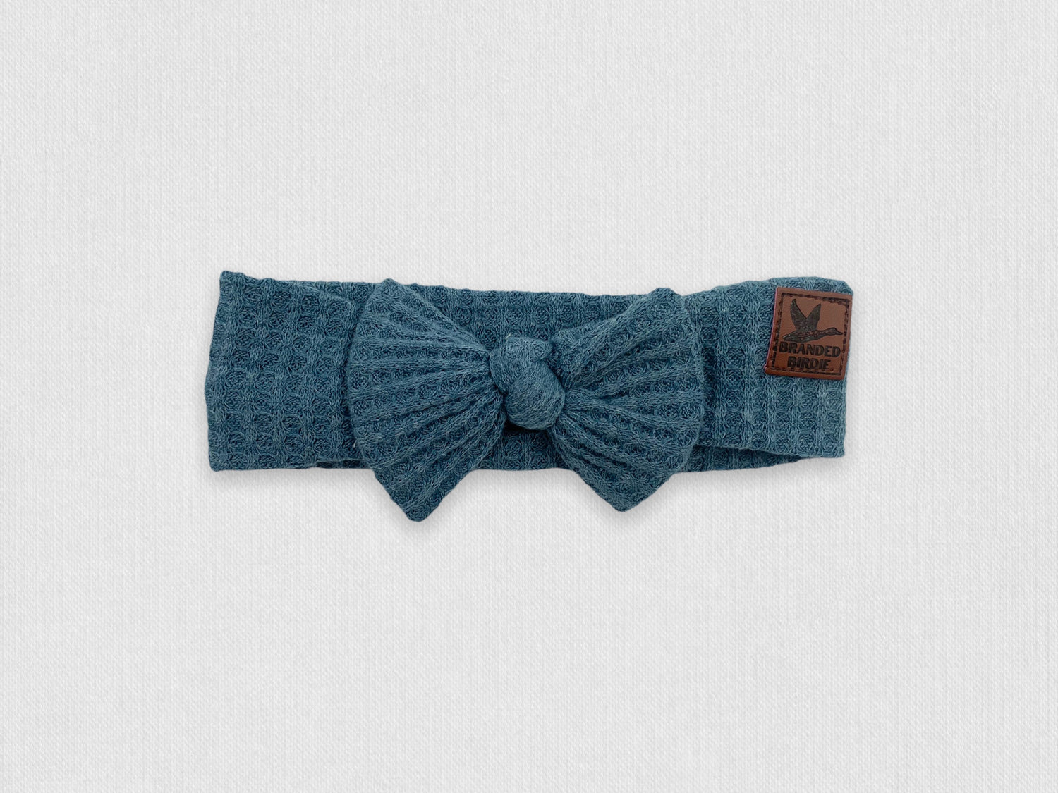 Waffle Knit Cotton Baby Bow Headband With Leather Patch - Denim Pine - Branded Birdie