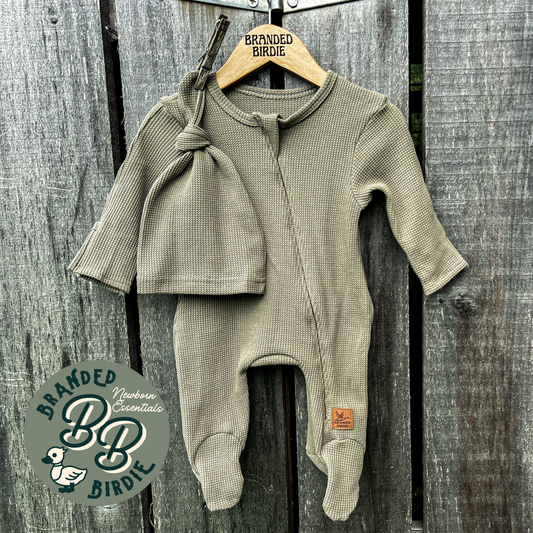 Basically Branded Newborn Zippered Footed Sleeper Set  - Olive Green