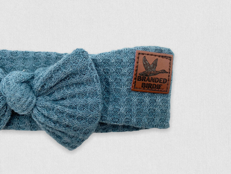 Waffle Knit Cotton Baby Bow Headband With Leather Patch - Denim Pine - Branded Birdie