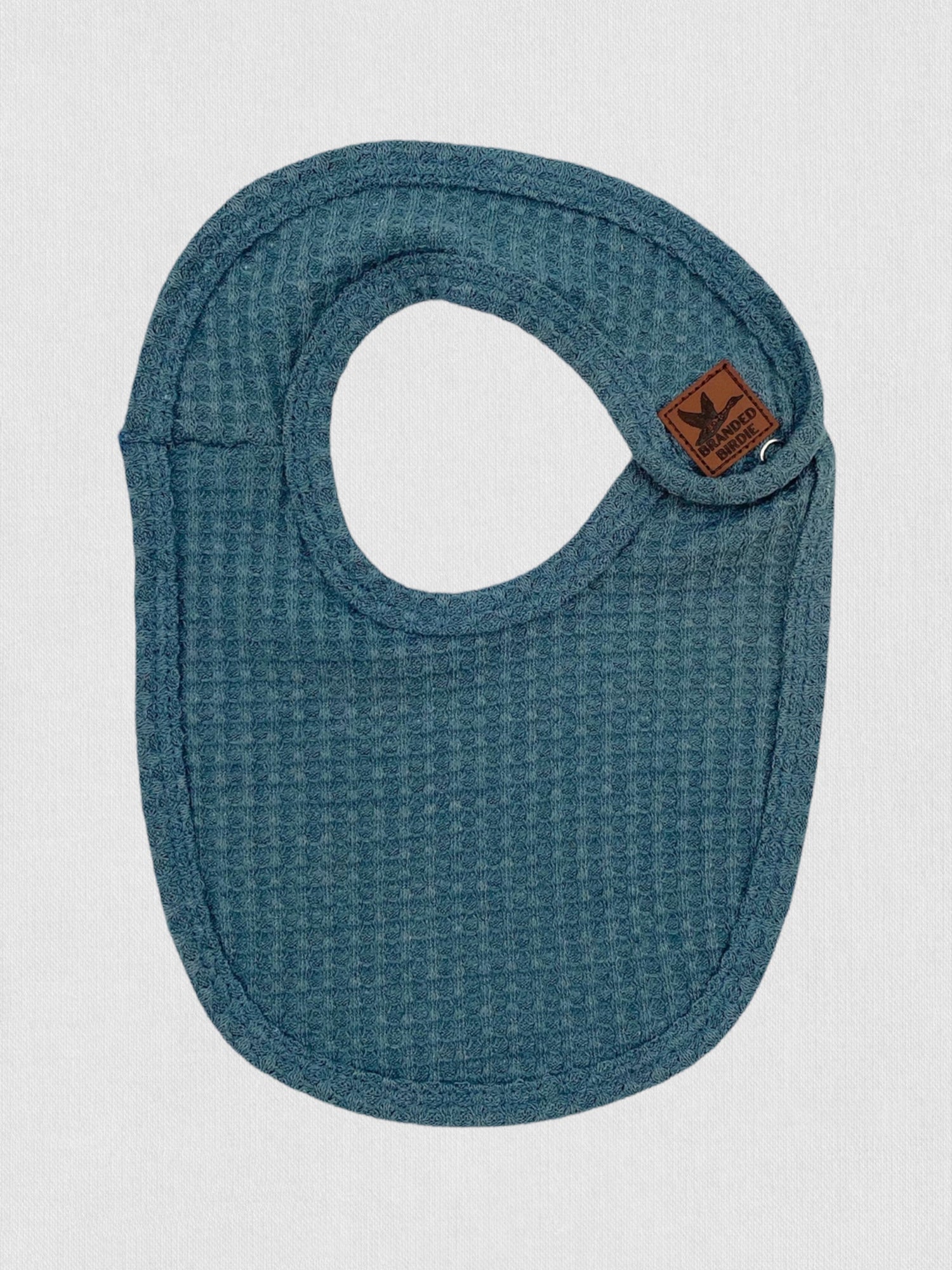 Waffle Knit Baby Bib with Leather Patch - Denim Pine - Branded Birdie