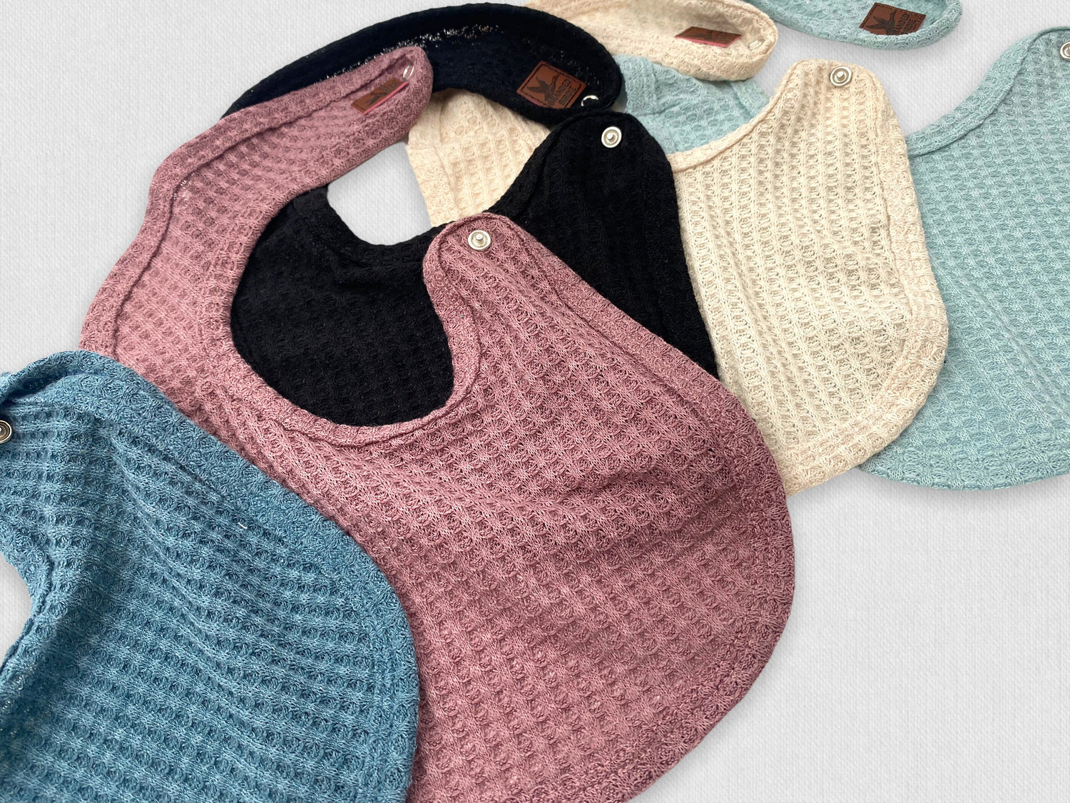 Waffle Knit Baby Bib with Leather Patch - Powder Blue - Branded Birdie