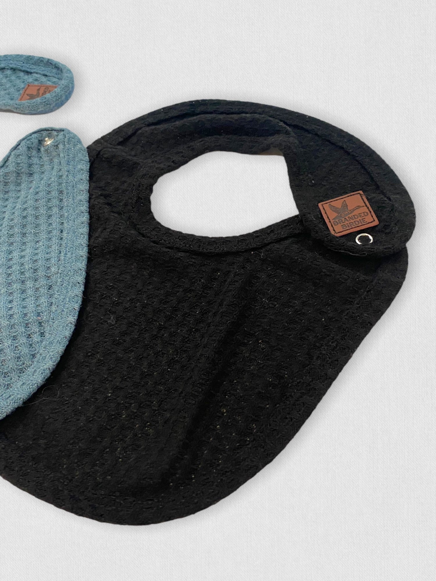 Waffle Knit Baby Bib with Leather Patch - Black - Branded Birdie