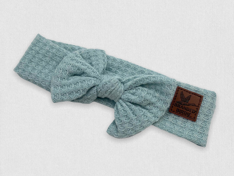 Waffle Knit Cotton Baby Bow Headband With Leather Patch - Powder Blue - Branded Birdie