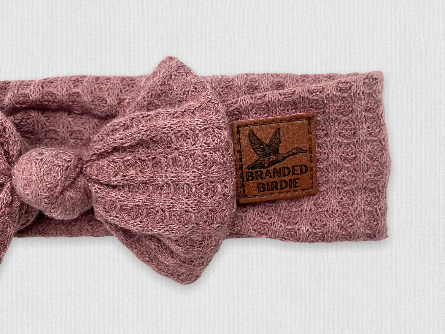 Waffle Knit Cotton Baby Bow Headband With Leather Patch - Rosewood Pink - Branded Birdie