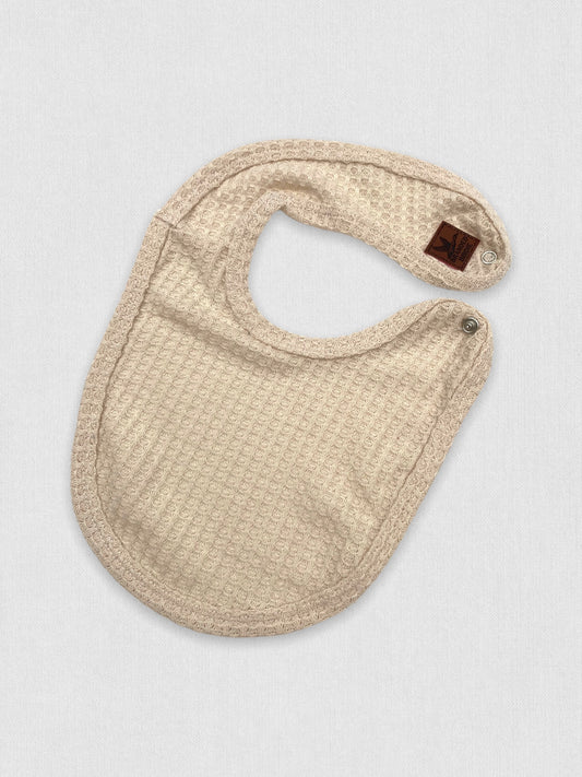 Waffle Knit Baby Bib with Leather Patch - Oatmeal Cream - Branded Birdie