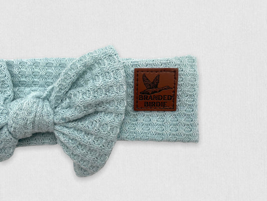 Waffle Knit Cotton Baby Bow Headband With Leather Patch - Powder Blue - Branded Birdie