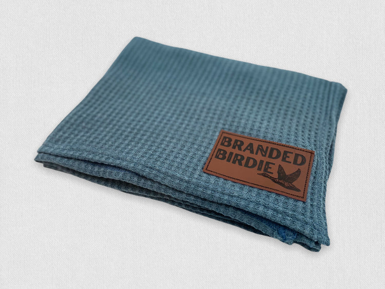 Waffle Knit Cotton Baby Swaddle Blanket with Leather Patch - Denim Pine - Branded Birdie