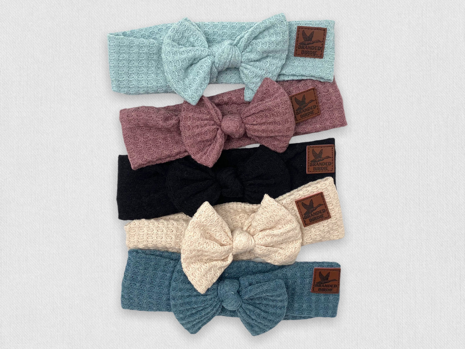 Waffle Knit Cotton Baby Bow Headband With Leather Patch - Powder Blue - Branded Birdie