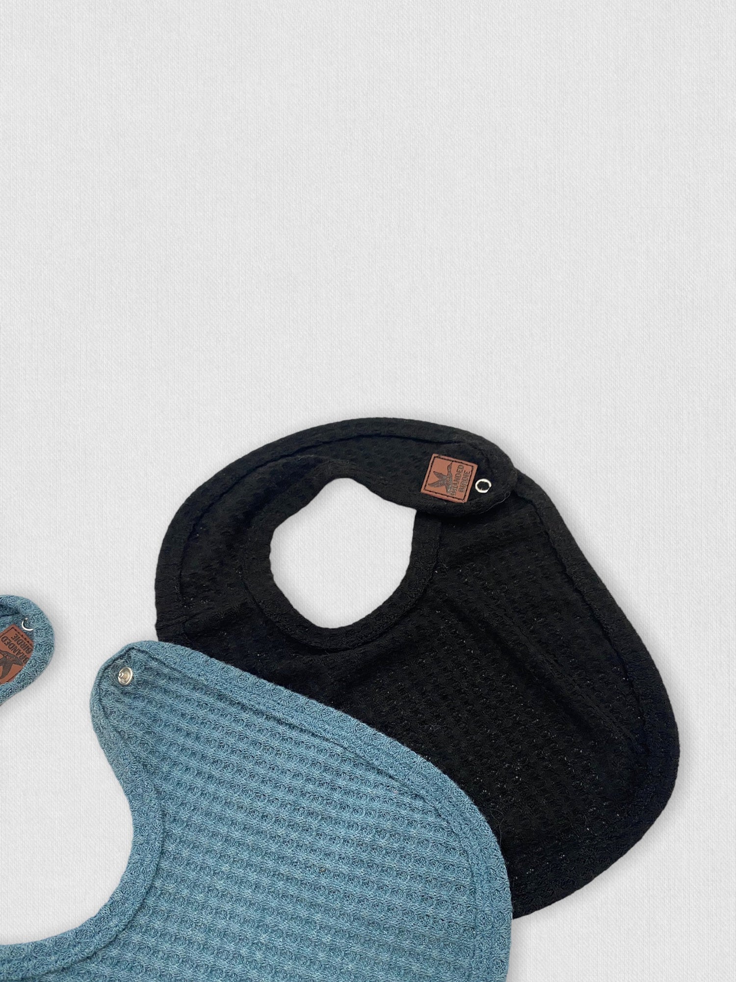 Waffle Knit Baby Bib with Leather Patch - Black - Branded Birdie