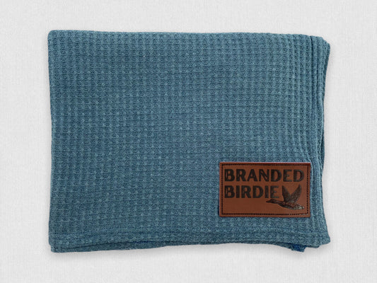 Waffle Knit Cotton Baby Swaddle Blanket with Leather Patch - Denim Pine - Branded Birdie