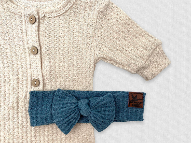 Waffle Knit Cotton Baby Bow Headband With Leather Patch - Denim Pine - Branded Birdie