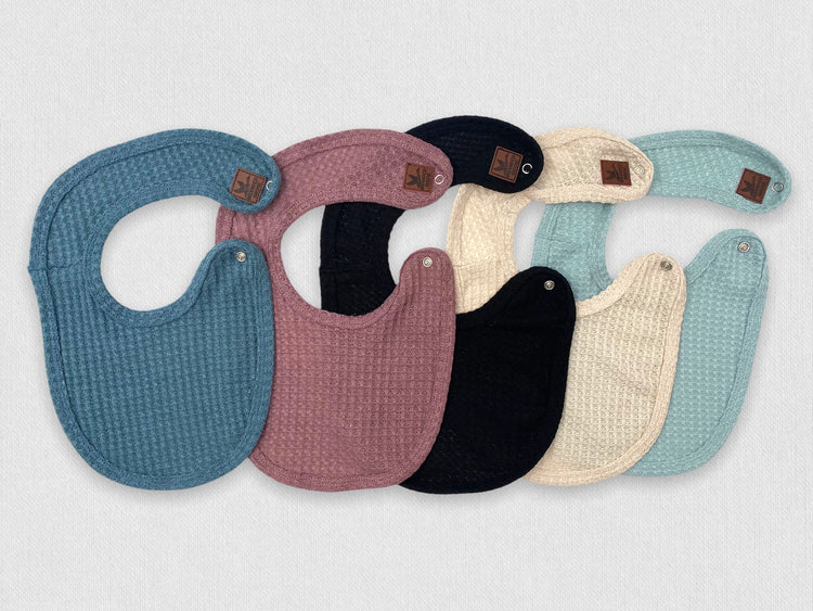 Waffle Knit Baby Bib with Leather Patch - Powder Blue - Branded Birdie