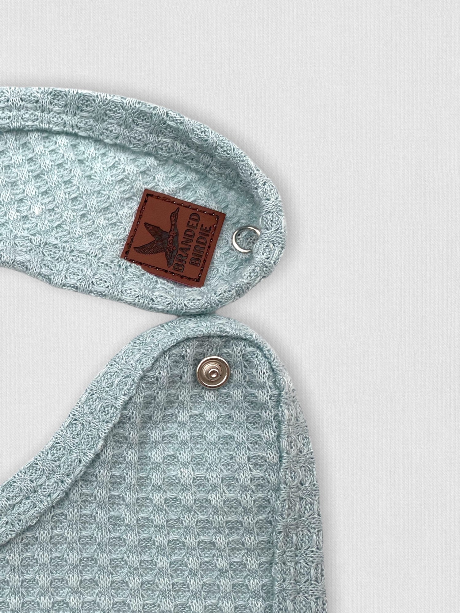 Waffle Knit Baby Bib with Leather Patch - Powder Blue - Branded Birdie