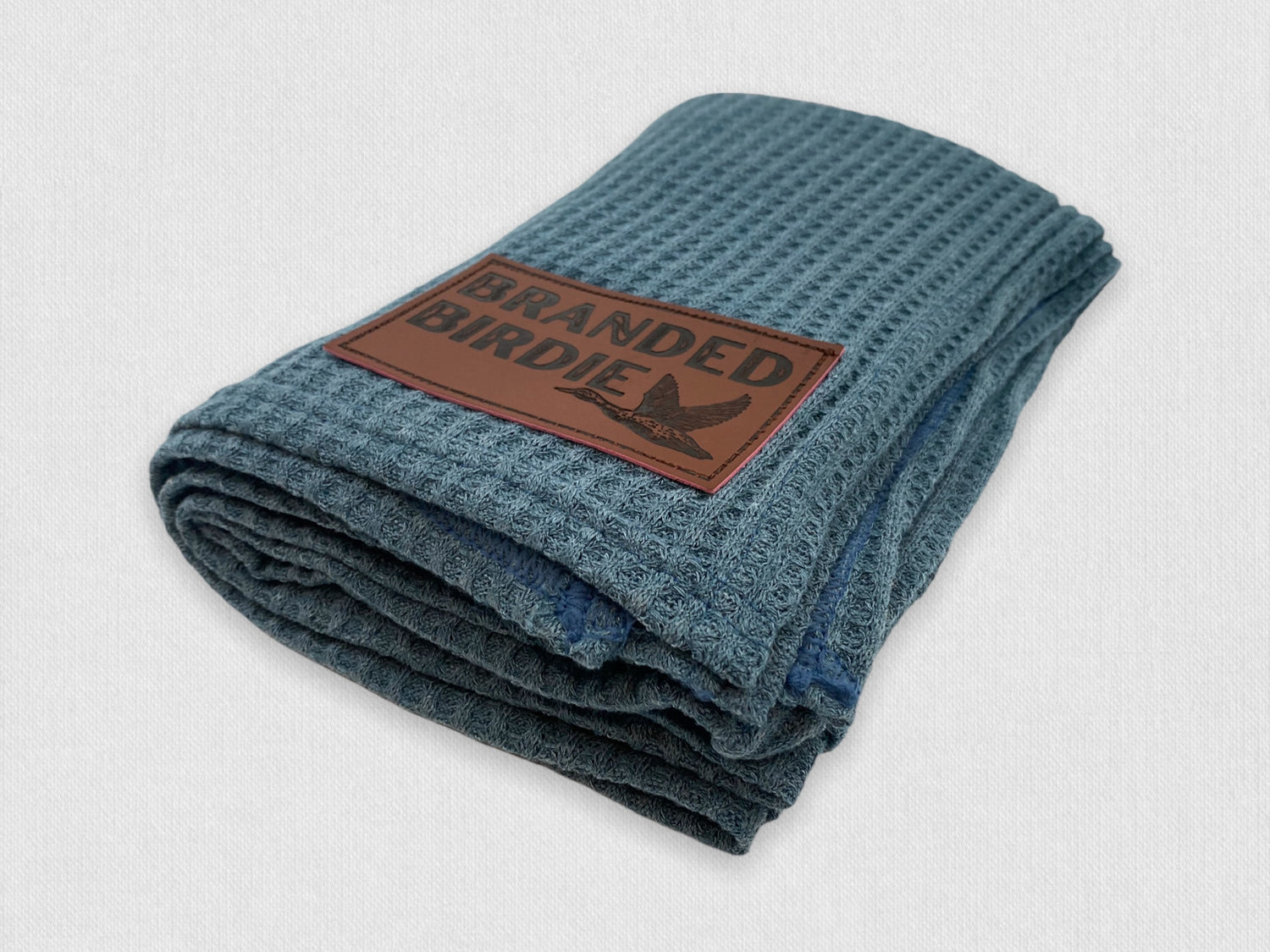 Waffle Knit Cotton Baby Swaddle Blanket with Leather Patch - Denim Pine - Branded Birdie