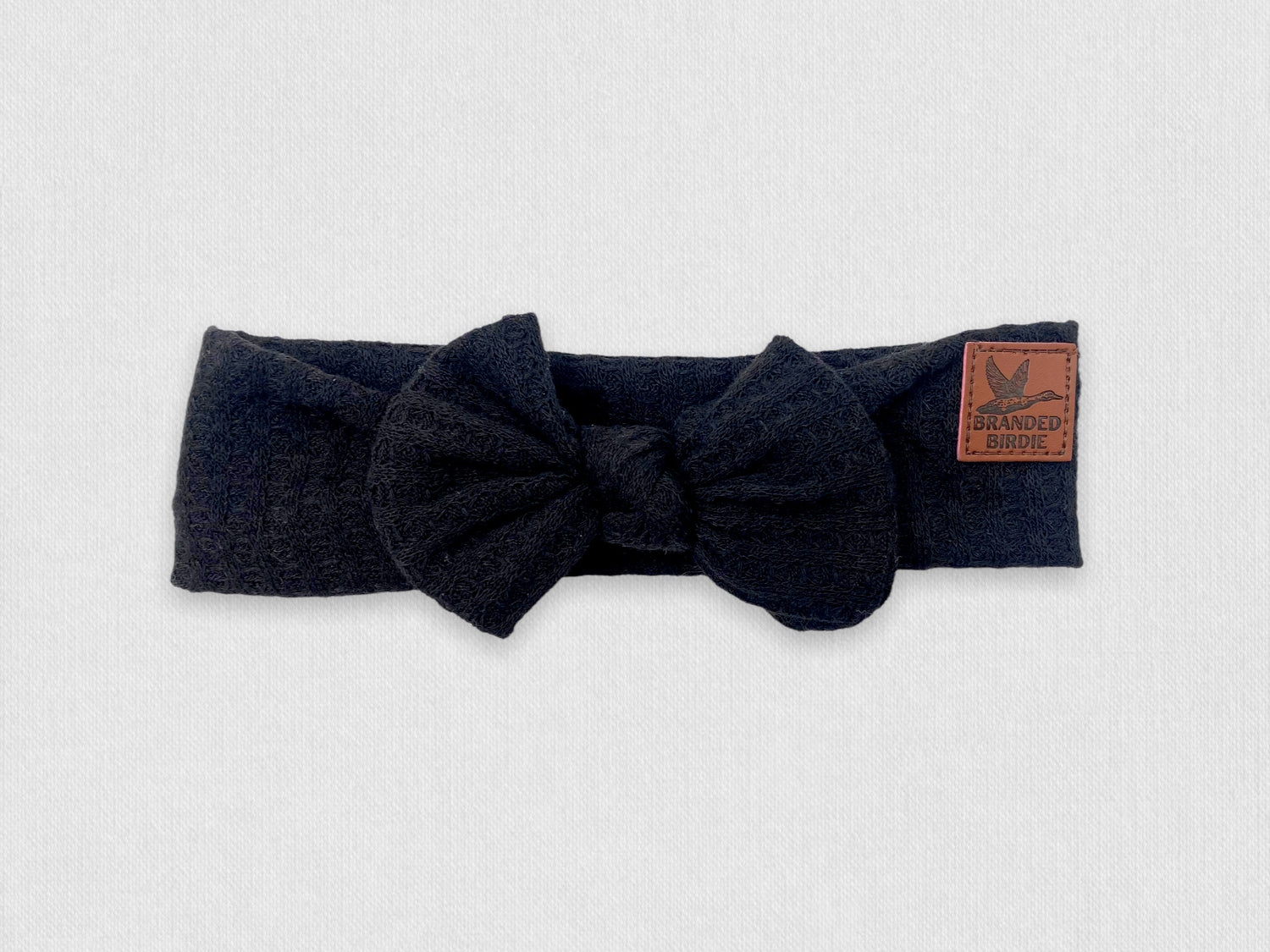 Waffle Knit Cotton Baby Bow Headband With Leather Patch - Black - Branded Birdie