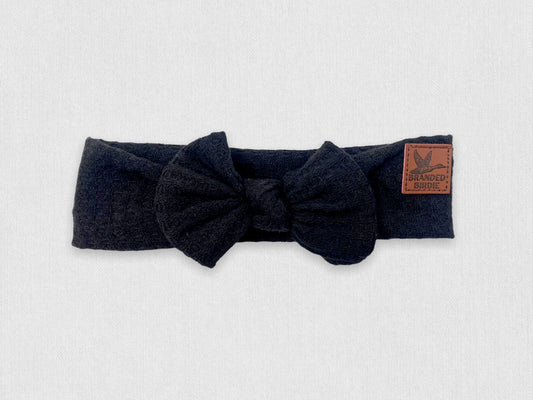 Waffle Knit Cotton Baby Bow Headband With Leather Patch - Black - Branded Birdie