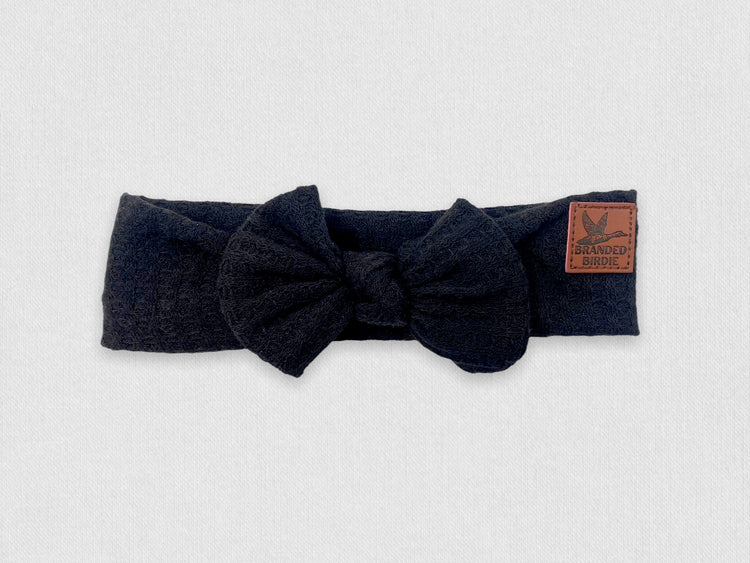 Waffle Knit Cotton Baby Bow Headband With Leather Patch - Black - Branded Birdie