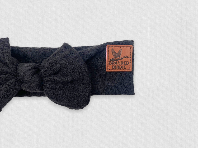 Waffle Knit Cotton Baby Bow Headband With Leather Patch - Black - Branded Birdie