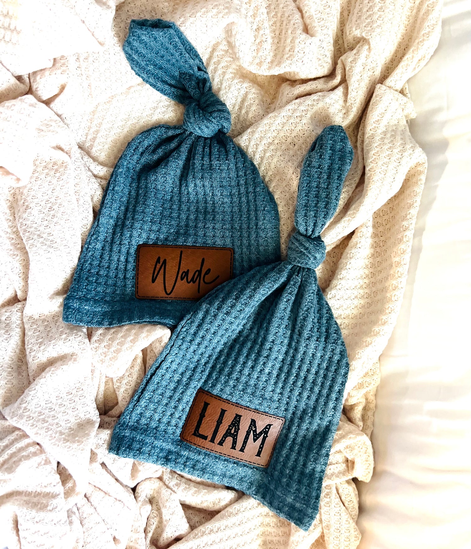 Newborn Knotted Hat With Personalized Leather Patch - Design It Yourself! - Denim Pine - Branded Birdie