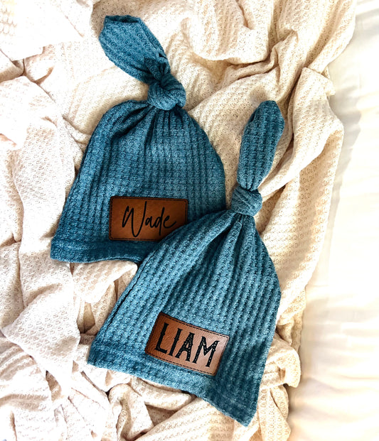 Newborn Knotted Hat With Personalized Leather Patch - Design It Yourself! - Denim Pine - Branded Birdie