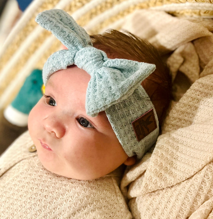 Waffle Knit Cotton Baby Bow Headband With Leather Patch - Powder Blue - Branded Birdie