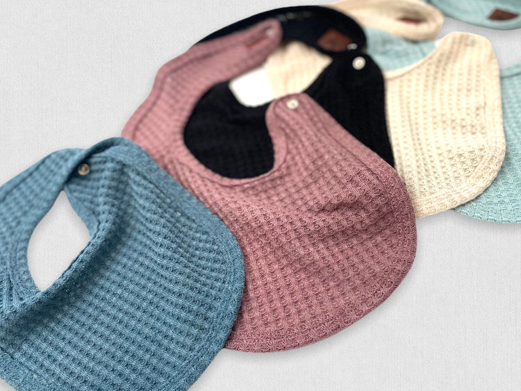 Waffle Knit Baby Bib with Leather Patch - Denim Pine - Branded Birdie