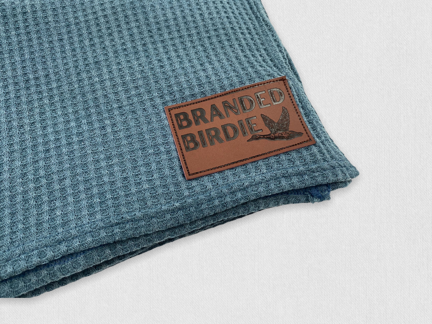 Waffle Knit Cotton Baby Swaddle Blanket with Leather Patch - Denim Pine - Branded Birdie