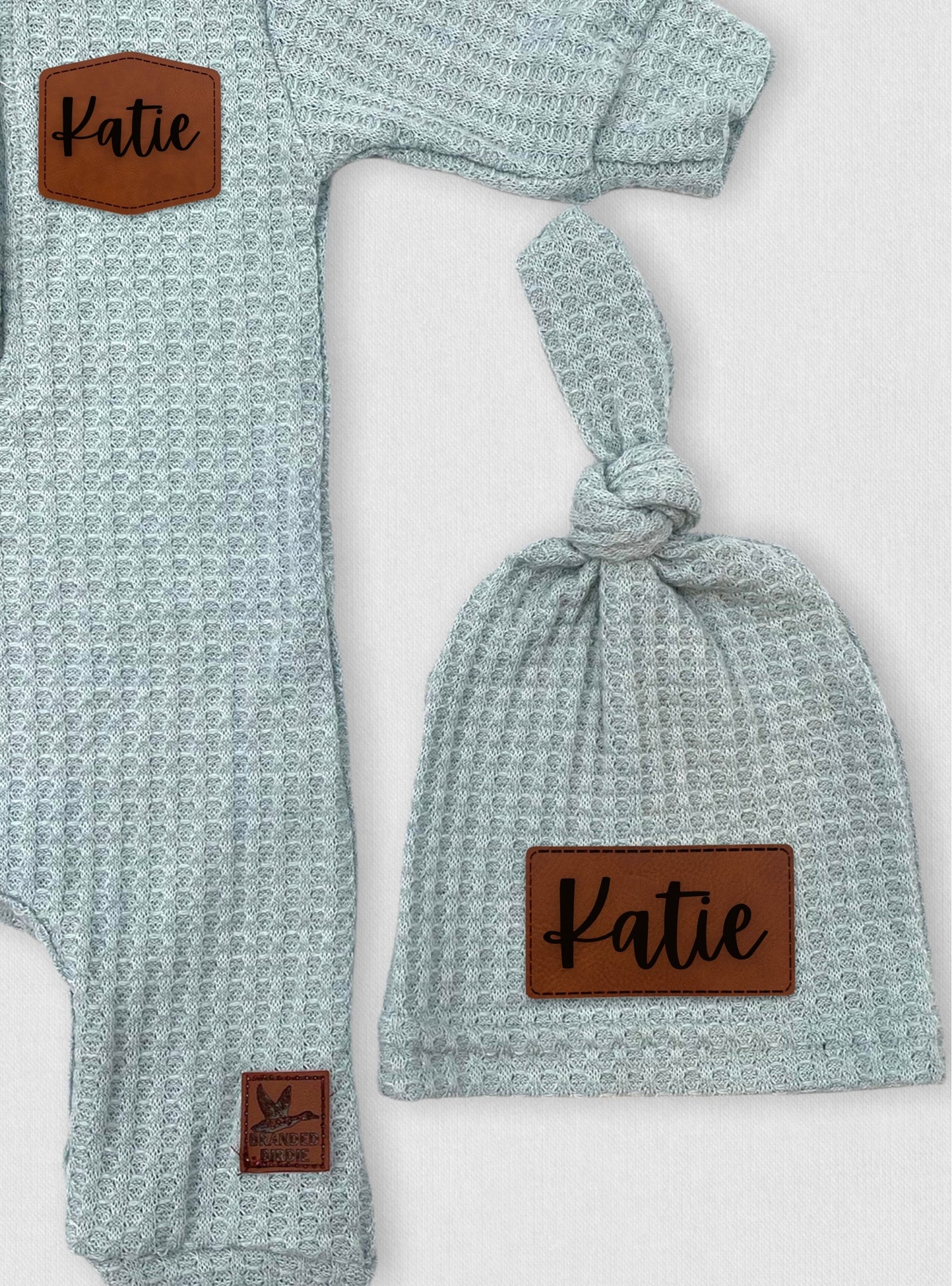 Newborn Knotted Hat With Personalized Leather Patch - Design It Yourself! - Powder Blue - Branded Birdie