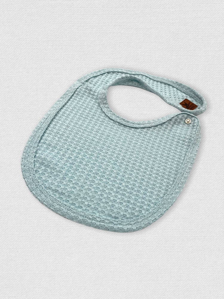 Waffle Knit Baby Bib with Leather Patch - Powder Blue - Branded Birdie