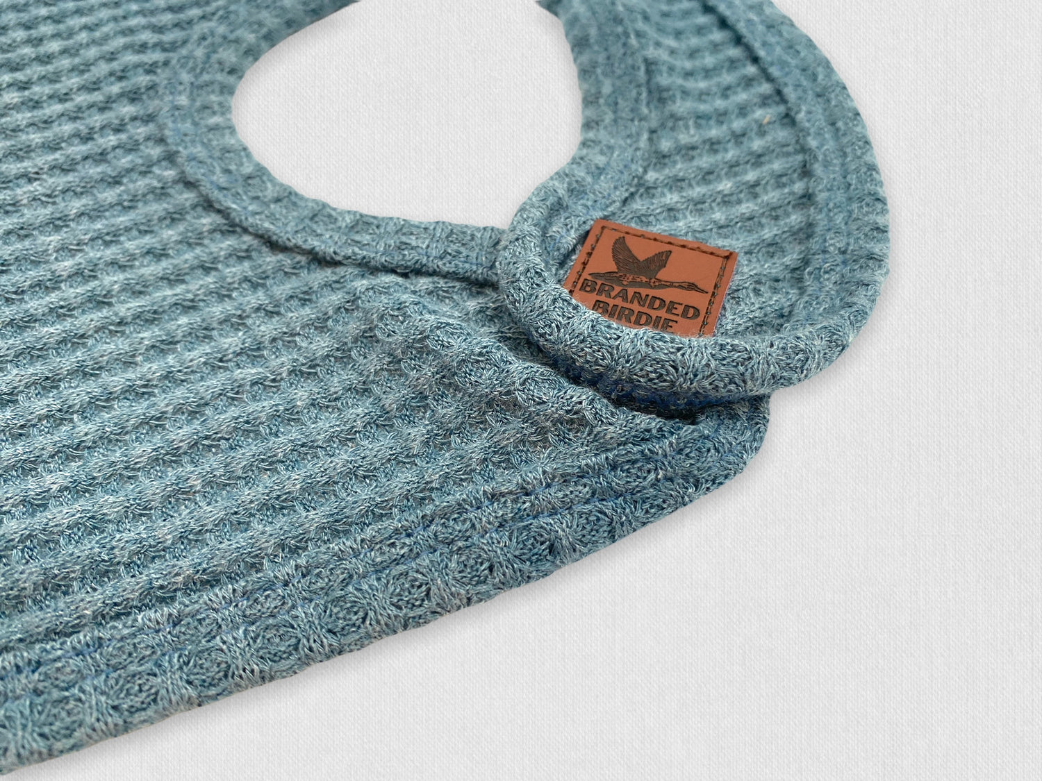 Waffle Knit Baby Bib with Leather Patch - Denim Pine - Branded Birdie